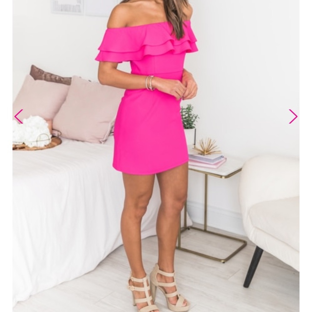 Neon pink off the shoulder cocktail dress